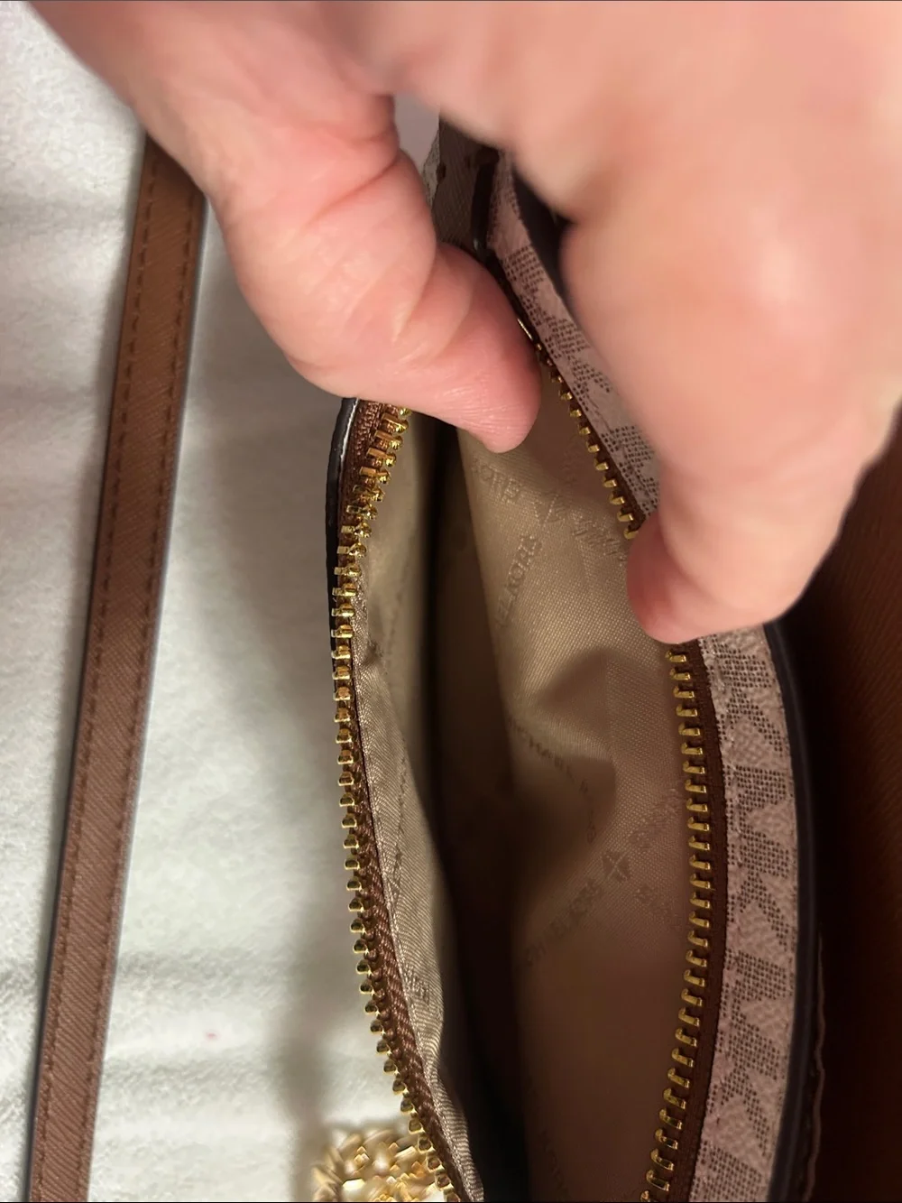 Michael Kors Beige Signature Crossbody with Acorn Trim and Gold Chain